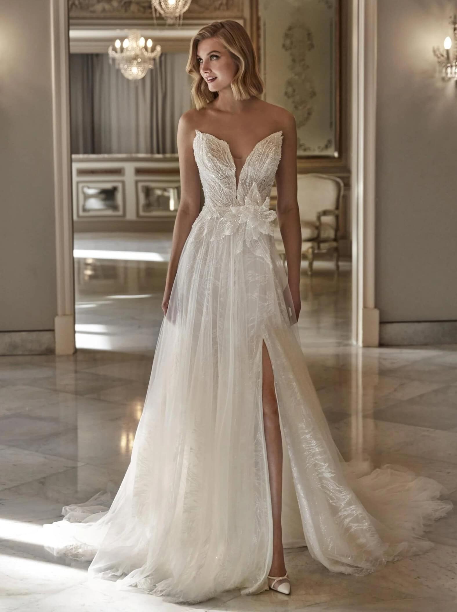 Fenelia face Pronovias robe de mariée A-line trapèze tulle dentelle bustier profons traîne boutique de robes de mariée Paris