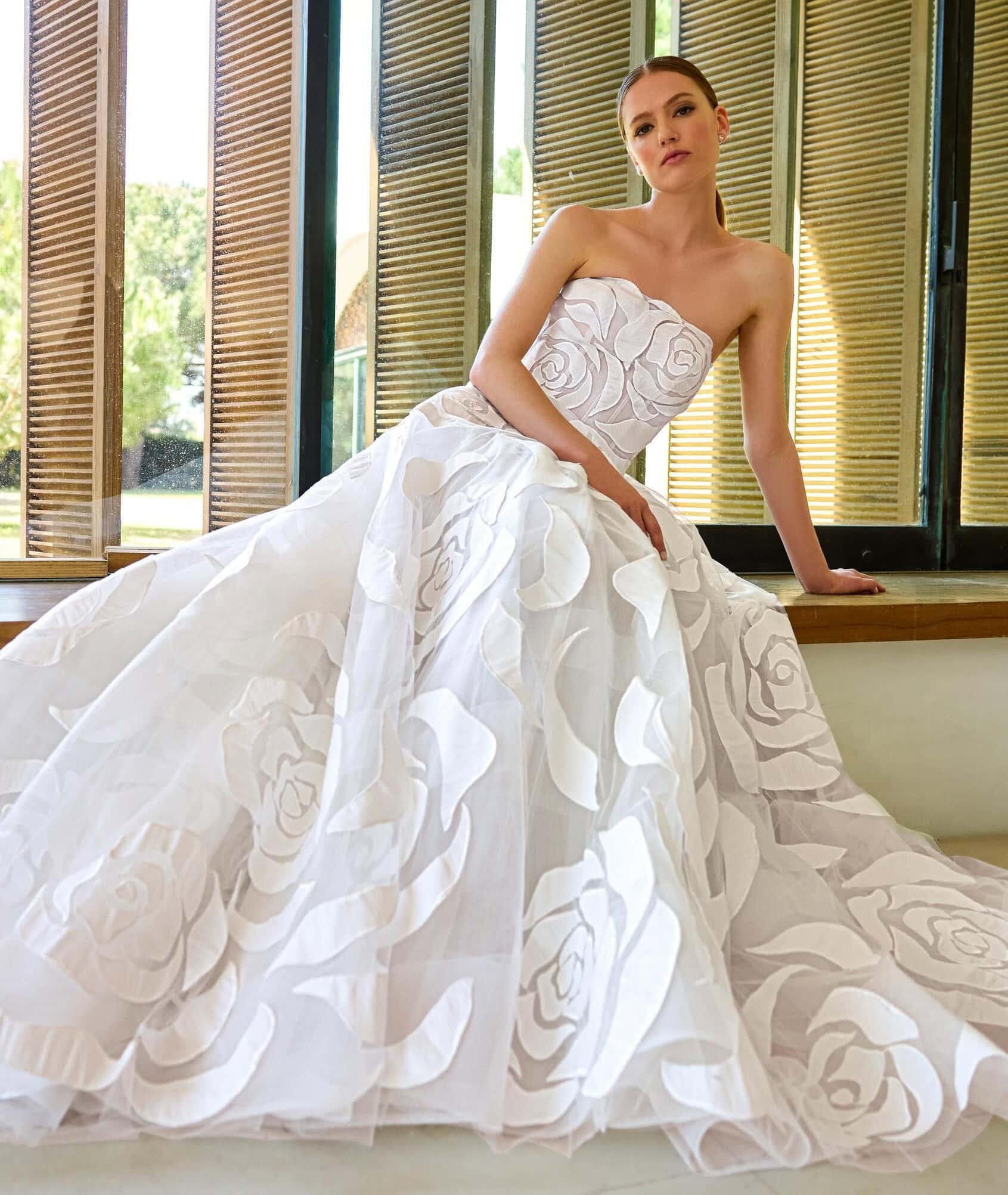 Pazit face Pronovias robe de mariée princesse bustier organza tulle imprimé bustier droit traîne boutique de robes de mariée Paris