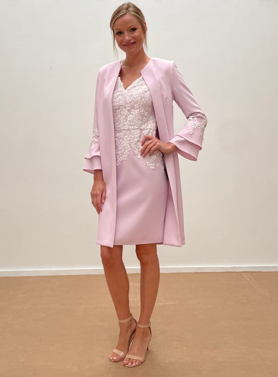 221-253-01 : 221-252-01 face Linéa Raffaelli ensemble de cocktail pour mère des mariés robe droite décolleté V manteau fluide magasin de robes de soirée Paris