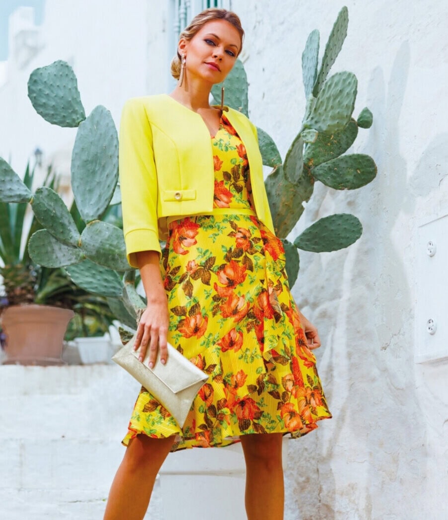 231-225-01 : 231-224-01 face Linéa Raffaelli ensemble robe bolero de cocktail mère des mariés robe portefeuille fluide décolleté V boléro magasin de robes de soirée Paris