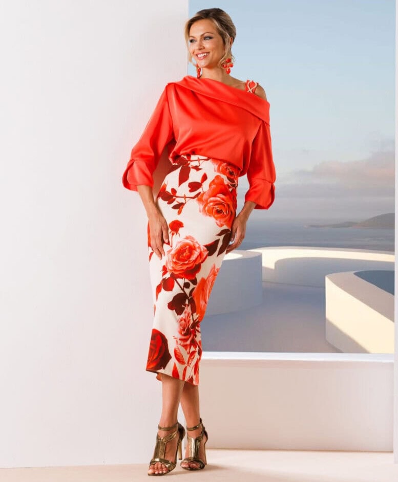 251-055-01 : 251-061-01 face Linéa Raffaelli ensemble de cocktail top asymétrique jupe fourreau ensemble maman des mariés magasin de robes de soirée Paris