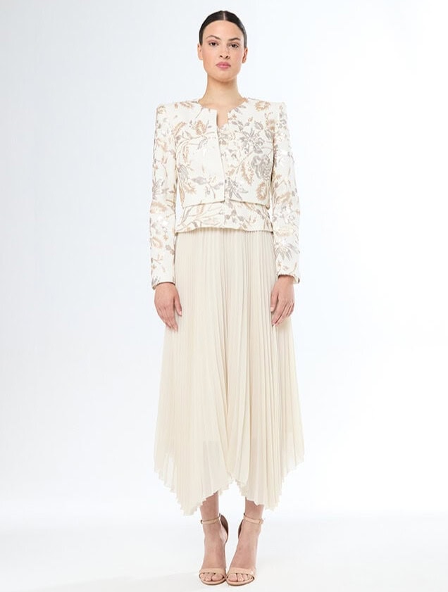 51557 face Carla Ruiz ensemble de cocktail jupe plissé tulle top et bolero brocard magasin de robes de soirée Paris