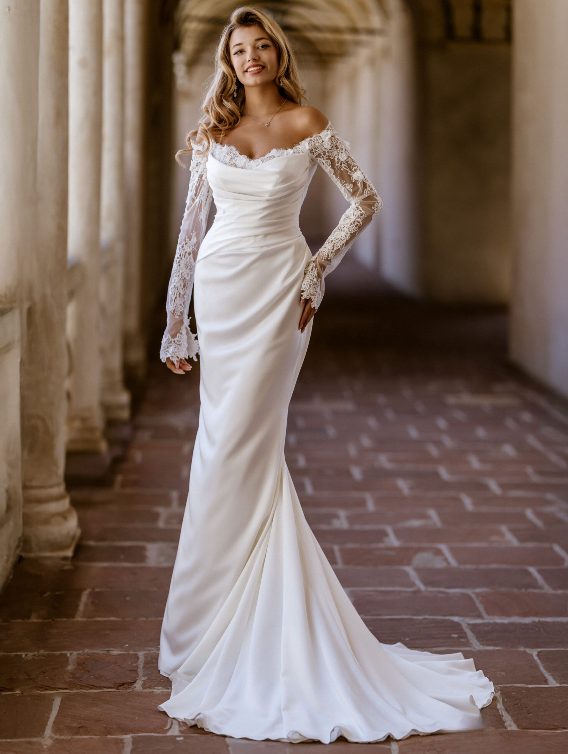 Angelisa face MS Moda robe de mariée sirène satin bustier drapé festonné manches longues dentelle traîne magasin de robes de mariée Paris Annecy Nogent sur Marne