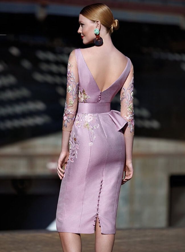 MG3430 dos Manu Garcia robe de cocktail mi longue droite fourreau décolleté V manches dentelle ceinture robe mère des mariés magasin de robes de soirée Paris