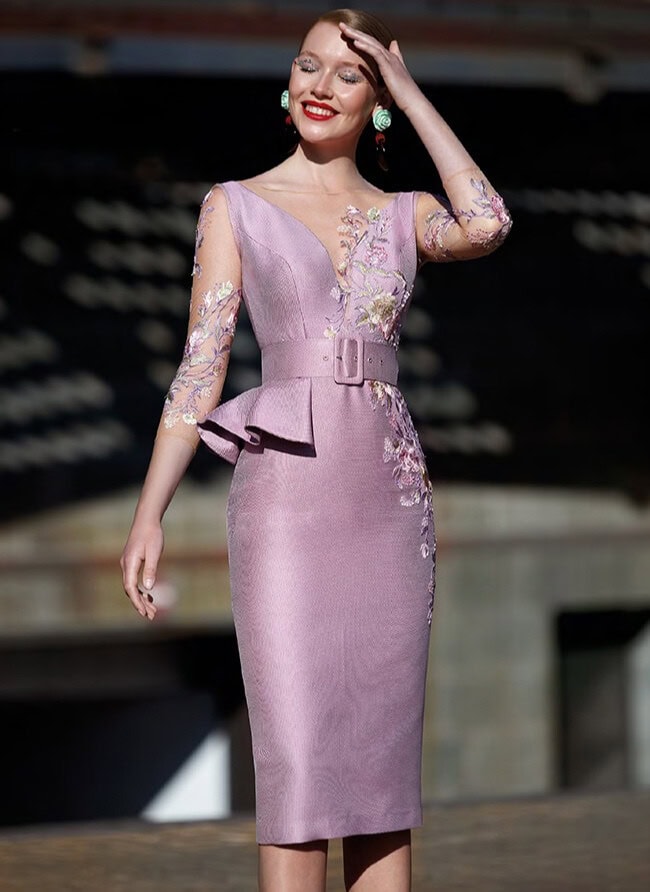 MG3430 face Manu Garcia robe de cocktail mi longue droite fourreau décolleté V manches dentelle ceinture robe mère des mariés magasin de robes de soirée Paris