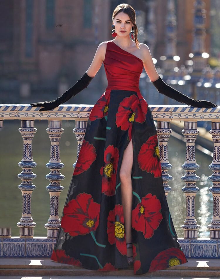 MG3535 face Manu Garcia robe de soirée longue top asymétrique drapé jupe large fendue robe maman des mariés magasin de robes de soirée Paris