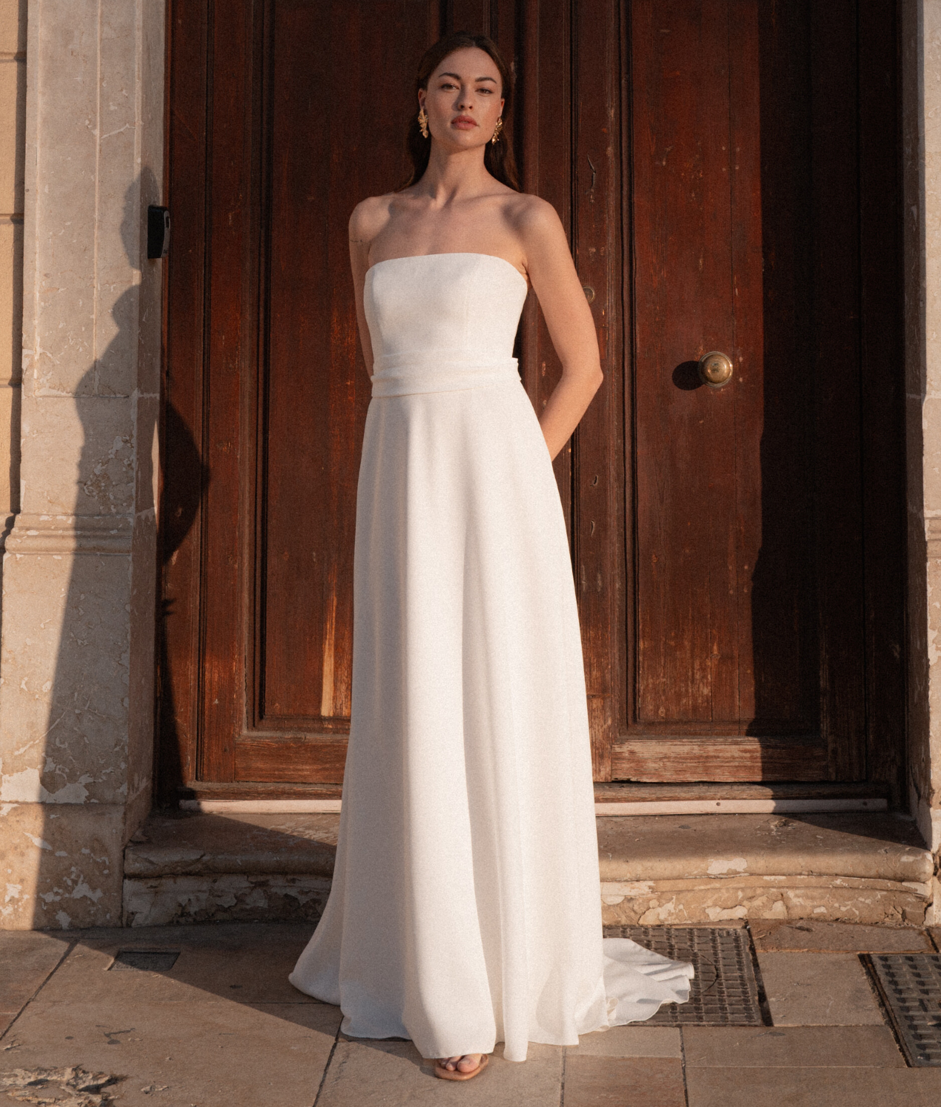 Purity face Rembo robe de mariée fluide simple bustier droit bohême contemporaine mousseline boutique de robes de mariée Paris