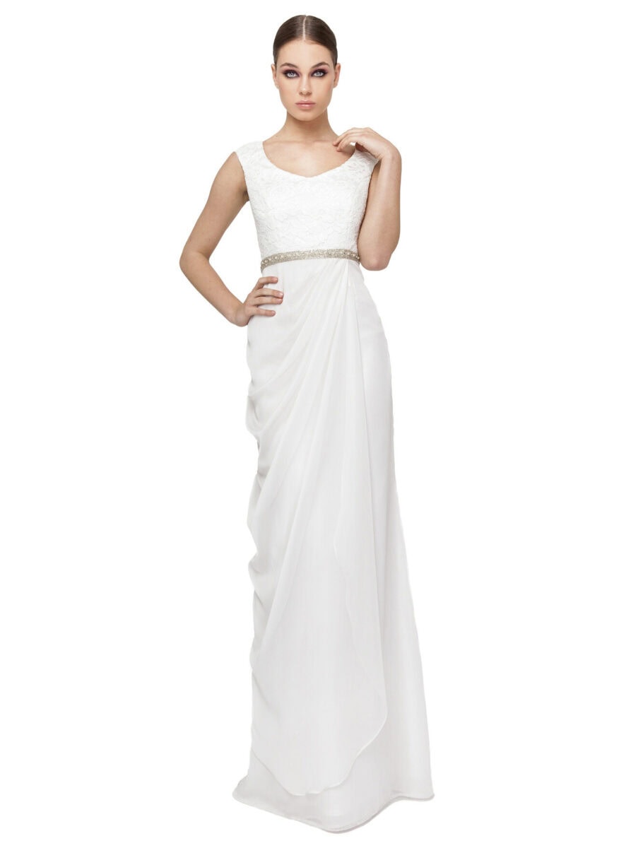 1150080 face Sonia Pena robe de mariée fluide top dentelle décolleté rond bretelles larges ceinture bijoux taille jupe mousseline drapé boutique de robes de mariée Paris