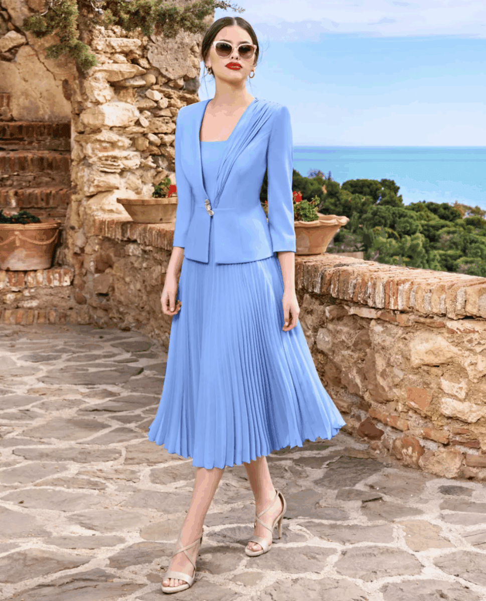 1250062 face lavande Sonia Pena ensemble top veste jupe midi plissée magasin de robes de soirée Paris