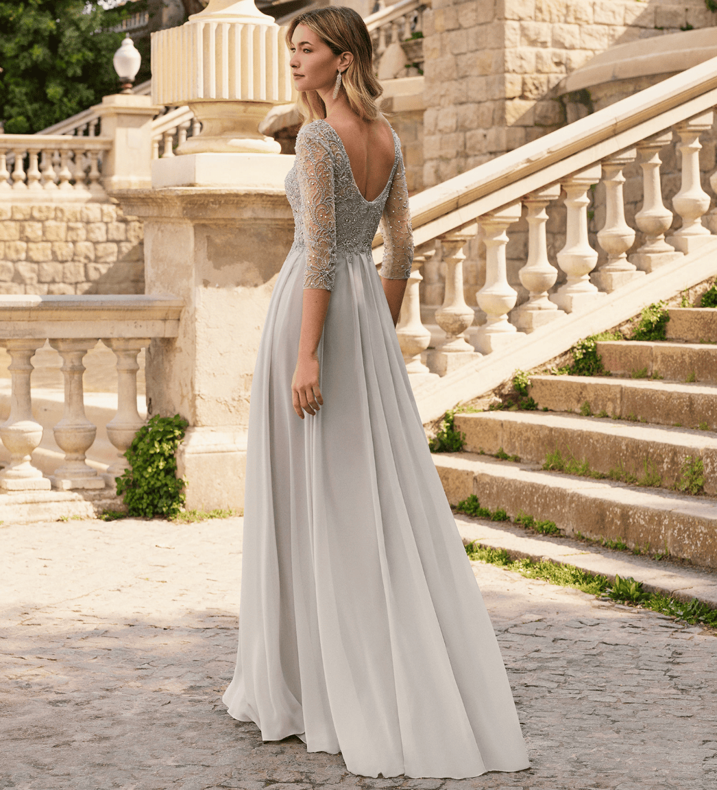 7G109 dos Marfil robe de soirée top perlé décolleté V manches dnetelle 3:4 jupe évasée mousseline fluide magasin de robes de soirée Paris