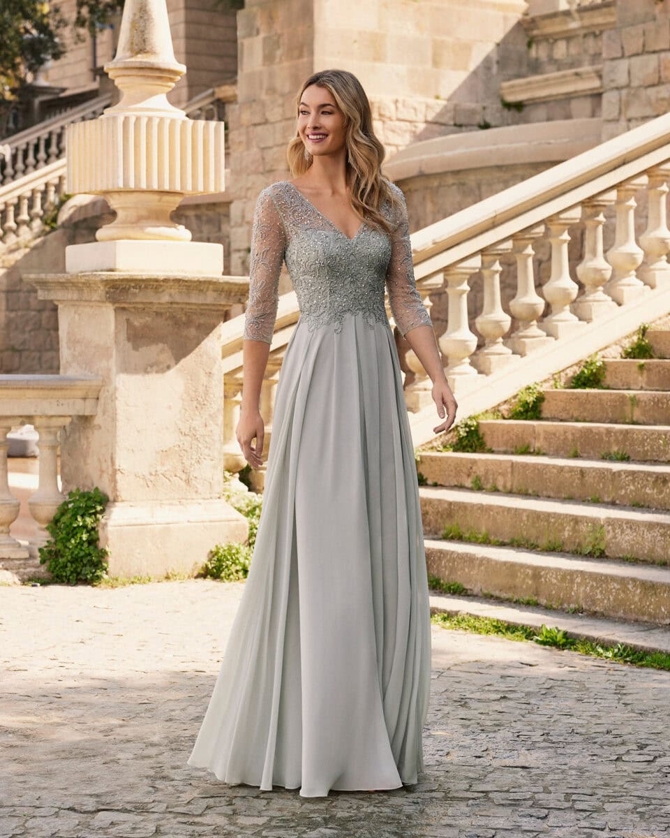 7G109 face Marfil robe de soirée top perlé décolleté V manches dnetelle 3:4 jupe évasée mousseline fluide magasind e robes de soirée Paris