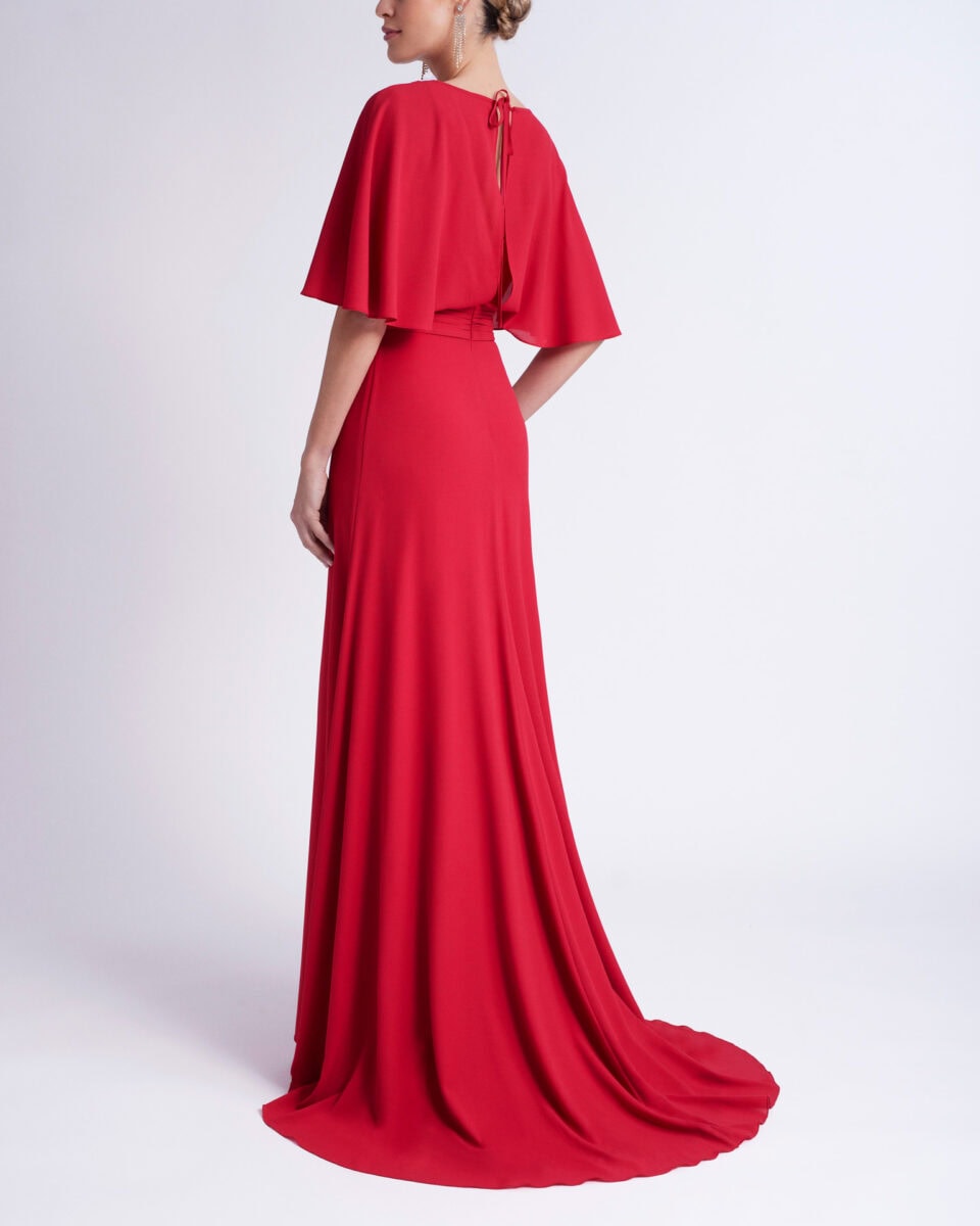 7T155 dos Rosa Clara robe de soirée longue crêpe décolleté V manches coudes fluide ceinture drapé jupe plissée fluide magasin de robes de soirée Paris