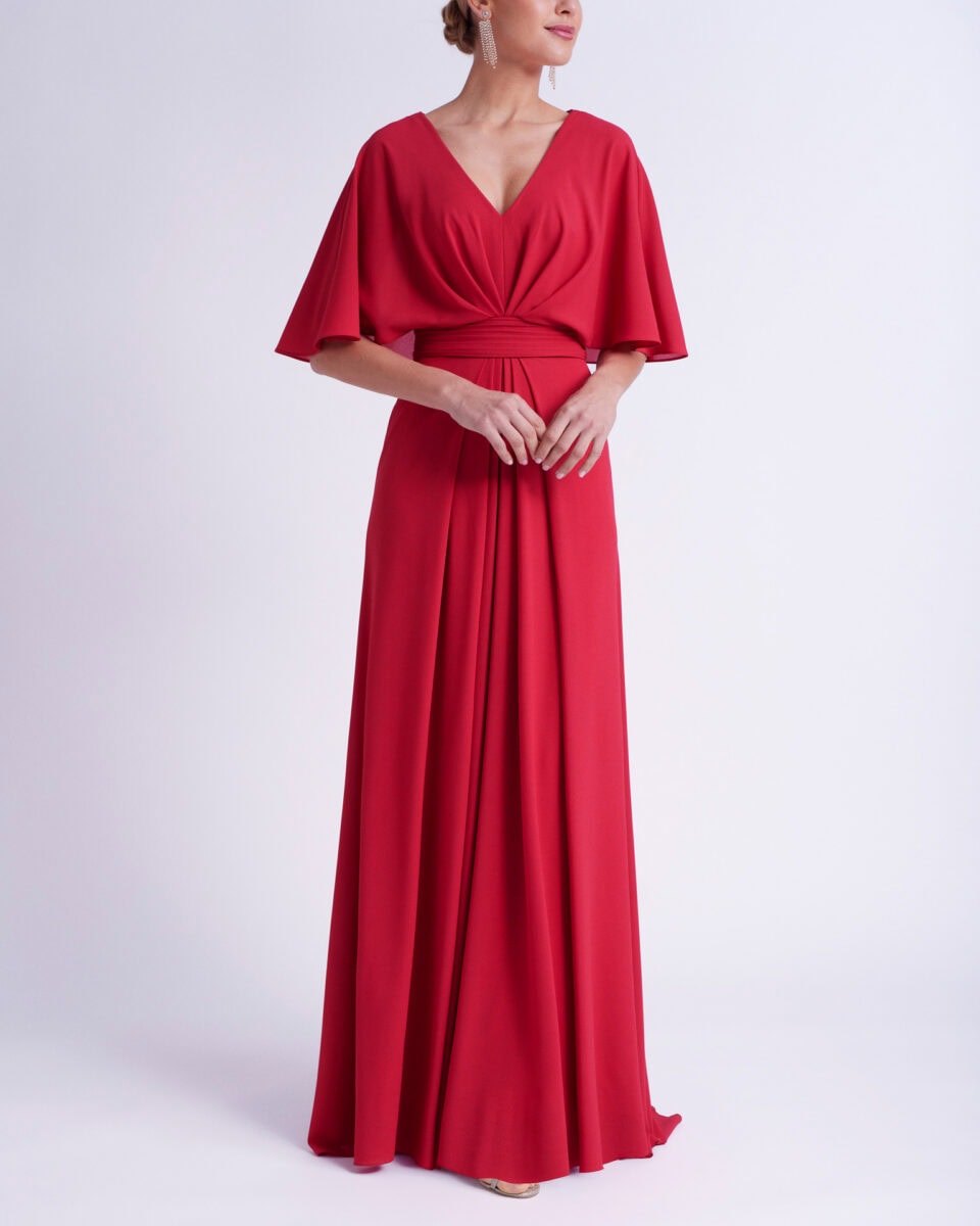 7T155 face Rosa Clara robe de soirée longue crêpe décolleté V manches coudes fluide ceinture drapé jupe plissée fluide magasin de robes de soirée Paris