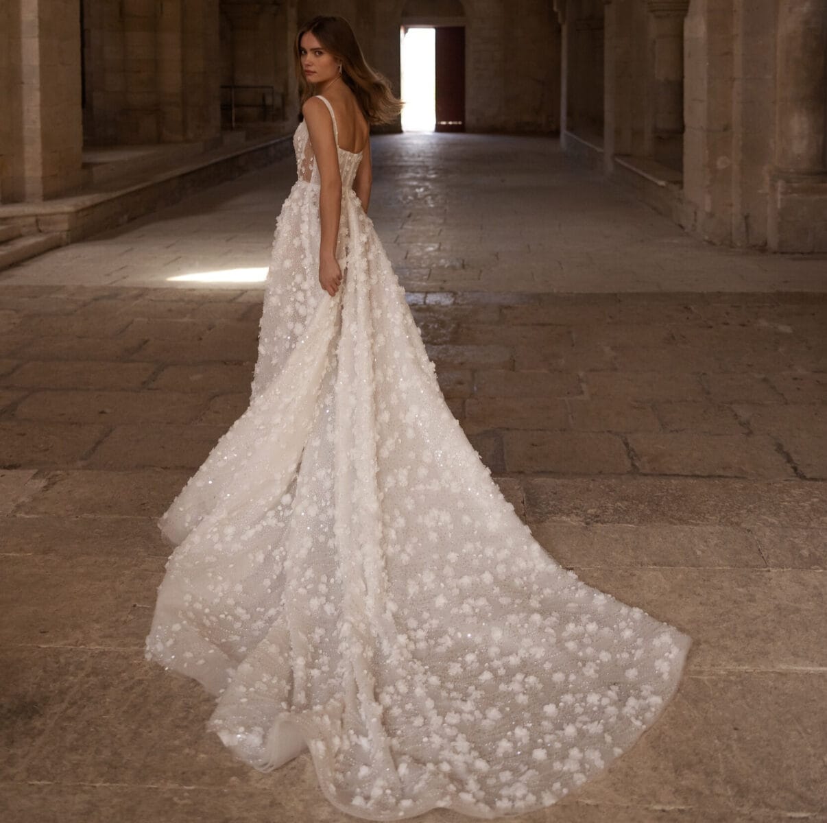 Afida dos Eva Lendel robe de mariée A-line trapèze dentelle perlée décolleté dos carré traîne magasin de robes de mariée Paris