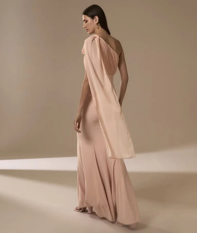 Ann dos Nicole Milano robe de soirée sirène top symétrique drapée noeud oversize sur l'épaule ceinture fine taille jupe sirène magasin de robes de soirée Paris