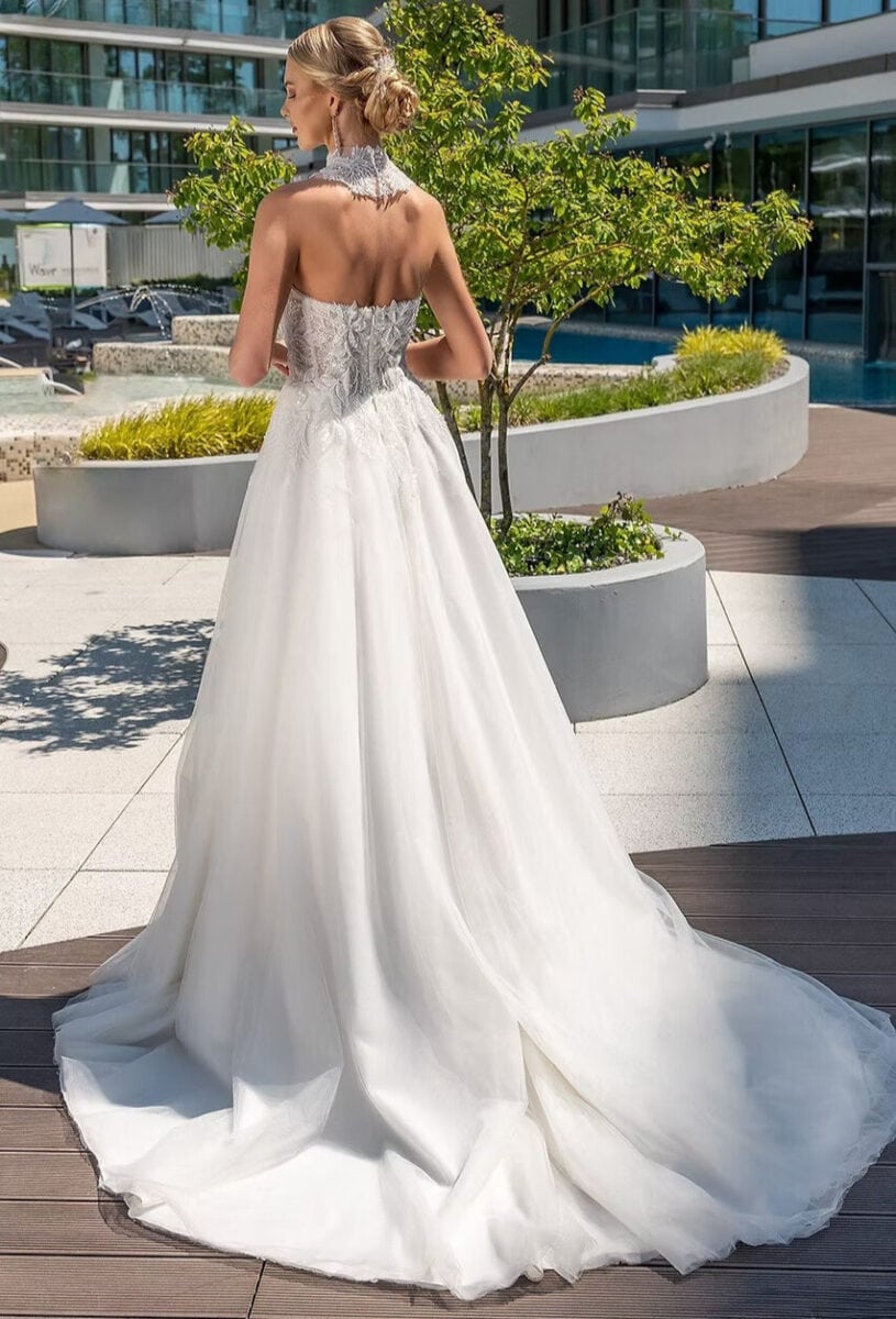 Corto dos MS Moda robe de mariée bustier perles jupe tulle A-line trapèze traîne boutique de robes de mariée Paris