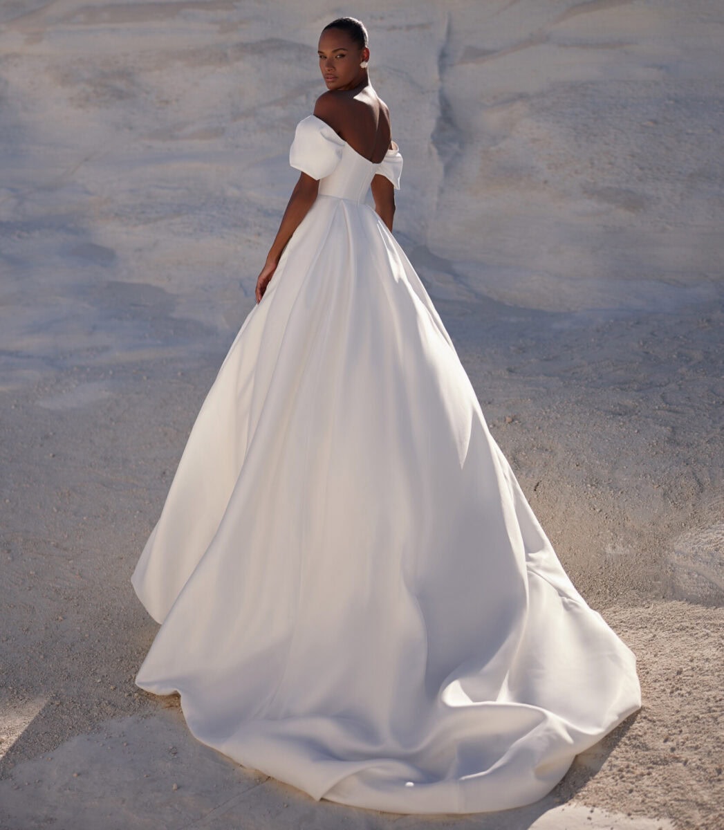 Lovisa dos Eva Lendel robe de mariée princesse mikado bustier droit manchettes traîne boutique de robes de mariée Paris