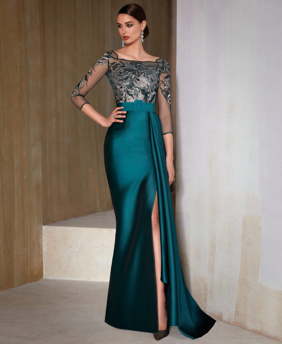 MG3244 face Manu Garcia robe de soirée longue manches 3:4 jupe mikado fendue col bateau magasin de robe de soirée Paris