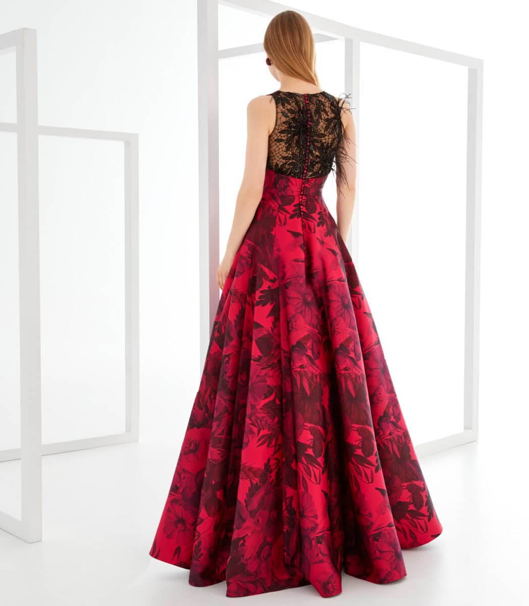 MG3726 dos Manu Garcia robe de soirée longue brocard à motifs dos transparence de dentelle ceinture magasin de robe de soirée Paris