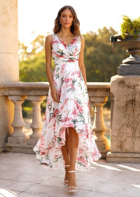 R157I face Créatif Paris robe de soirée jupe asymétrique courte devant longue derrière top décolleté V ceinture drapée magasin de robes de soirée Paris