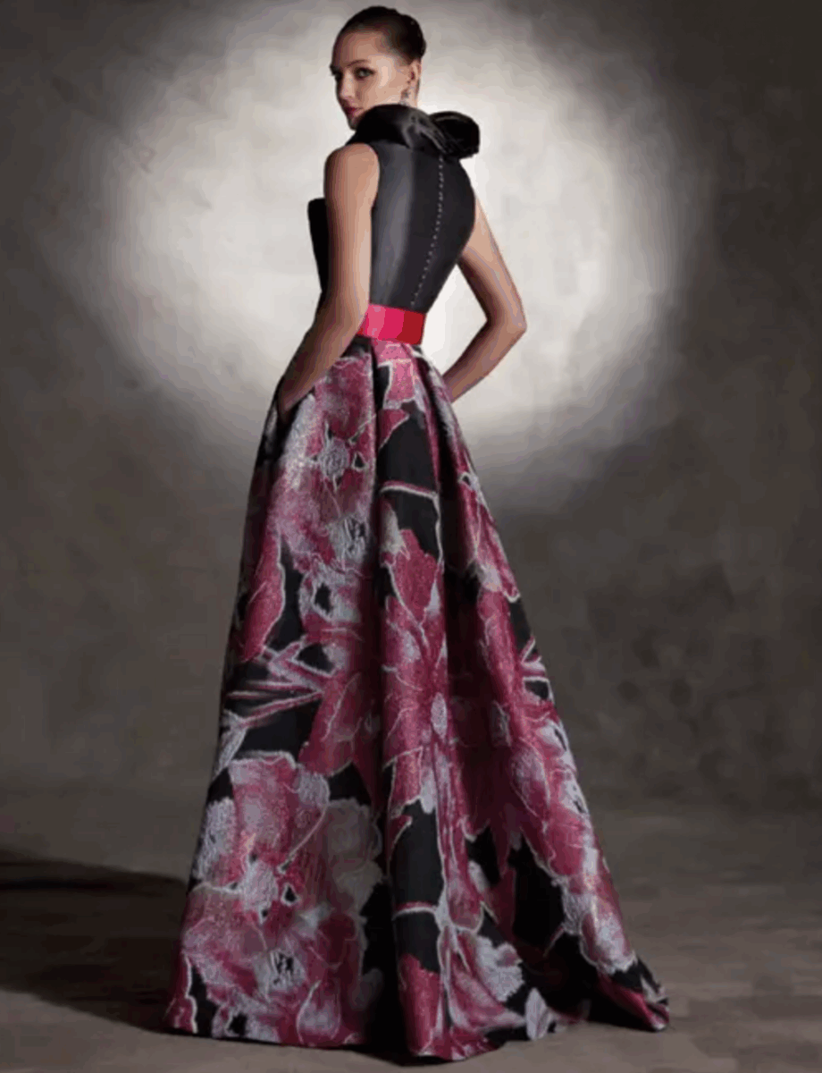 VL5305 dos Valerio Luna robe longue de soirée mikado brocard à motifs floraux top noir volanté décolleté V boutique de robes de soirée Paris