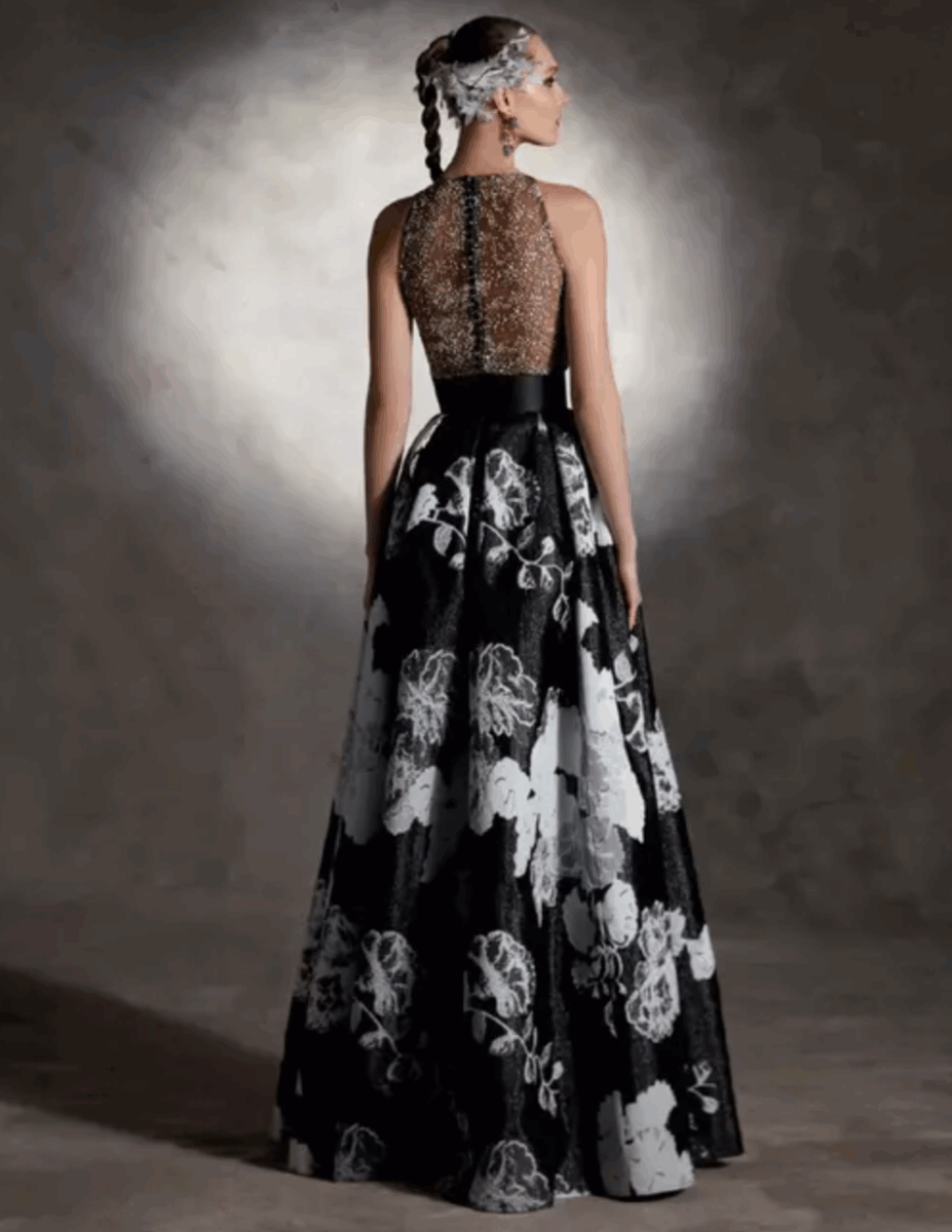 VL5334 dos Valerio Luna robe de soirée longue top décolleté rond en dentelle fleur oversize jupe brocard noir et grise ceinture taille magasin de robes de soirée Paris