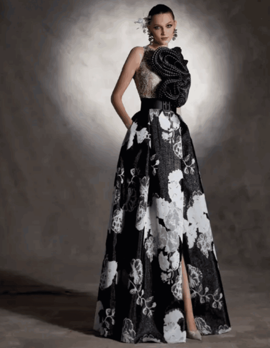 VL5334 face Valerio Luna robe de soirée top dentelle jupe brocard fendue ceinture taille magasin de robe de soirée Paris