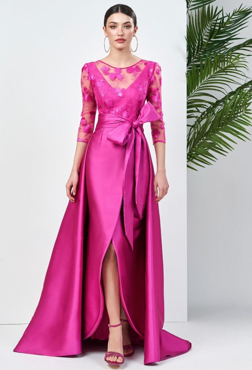 1240021 face Sonia Pena robe de soirée longue top transparence de centelle manches 3:4 jupe droite fendue devant sur jupe magasin de robes de soirée Nogent sur Marne