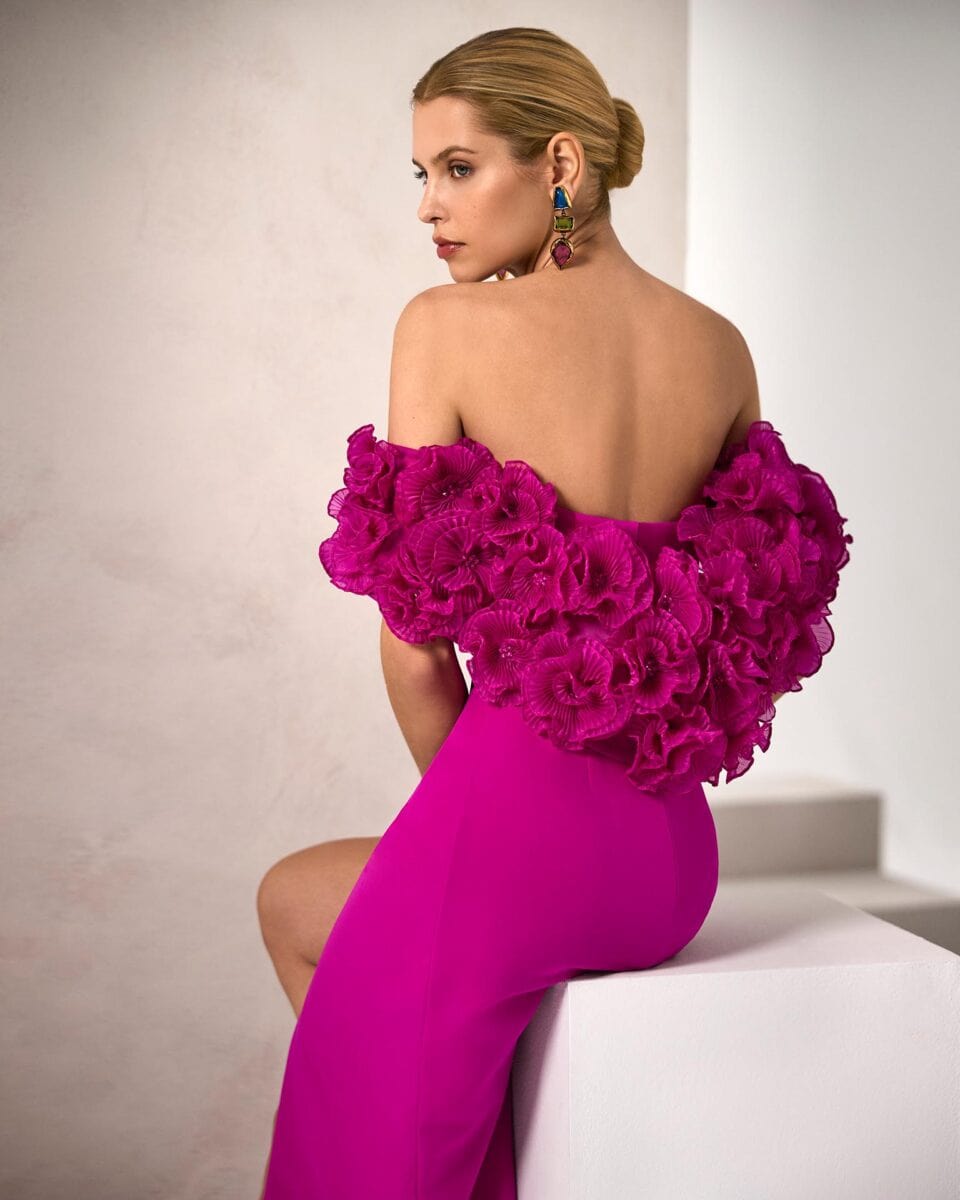 1J207 dos Marfil robe de soirée bustier drapé jupe droite drapée fendue boléro fleuri boutique de robes de soirée Annecy