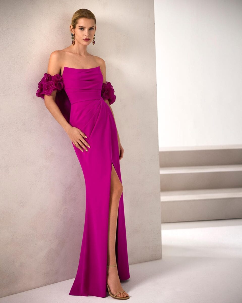 1J207 face Marfil robe de soirée bustier drapé jupe droite drapée fendue boléro fleuri boutique de robes de soirée Annecy