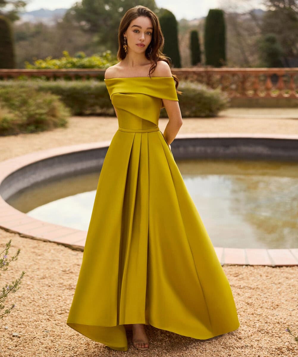 1J264 face Marfil robe de soirée courte devant longue derrièer faut décolleté bardlt top asymétrique ceinture fine jupe plis évasée magasin de robes de soirée Annecy