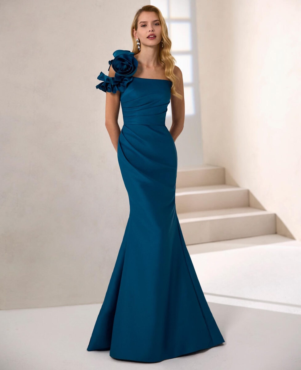 1J285 face Marfil robe de soirée longue bustier droit fleur épaule droite jupe sirène drapée magasin de robes de soirée Annecy