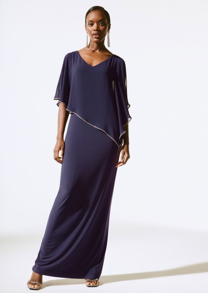 221385 face Joseph Ribkoff robe de soirée longue top pan asymétrique décolleté V finition strass jersey mousseline magasin de robes de soirée Annecy