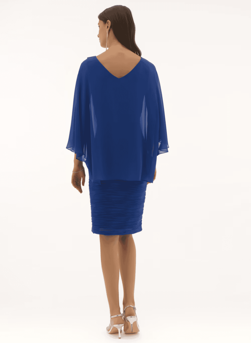 251720 dos Joseph Ribkoff robe de soirée robe moulante plissée top loose mousseline type chauve souris magasin de robes de soirée Annecy