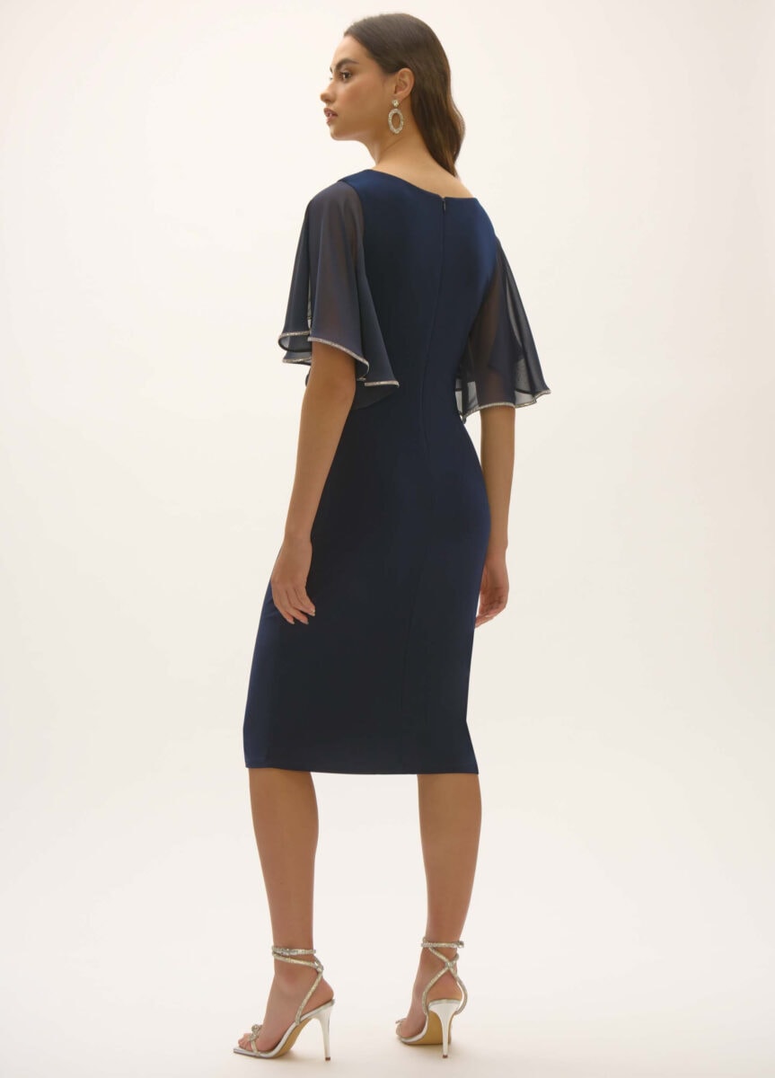 252719 dos Joseph Ribkoff robe de soirée col asymétrique drapé robe jersey elastique moulant manches fluide coude en mousseline festonné strass longueur sous genoux boutique de robes de soirée Annecy