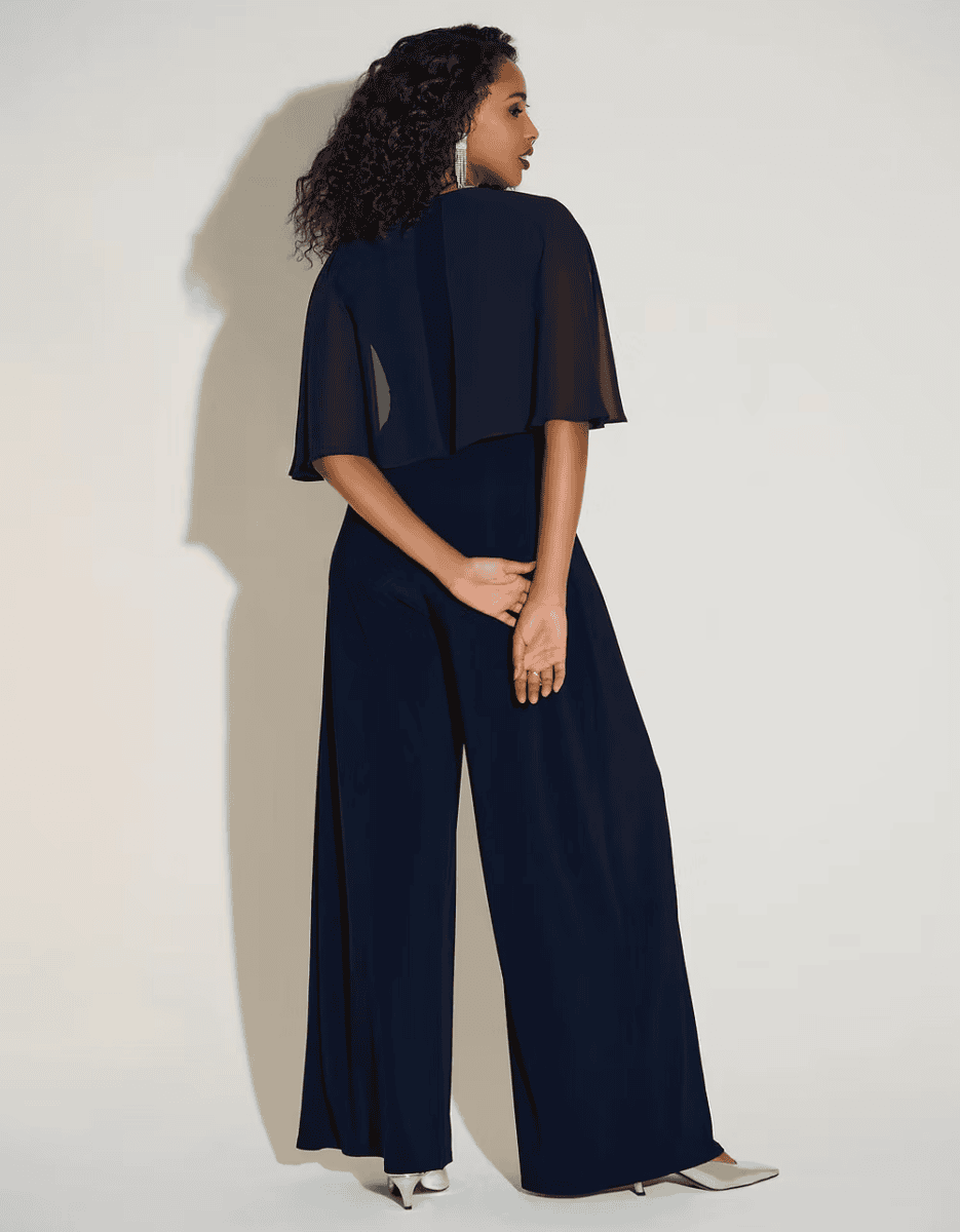 253723 dos Joseph Ribkoff combinaison fluide jersey top cache coeur pantalon plis large ceinture drapée bijou manches fluides coudes mousseline magasin de robes de soirée Annecy