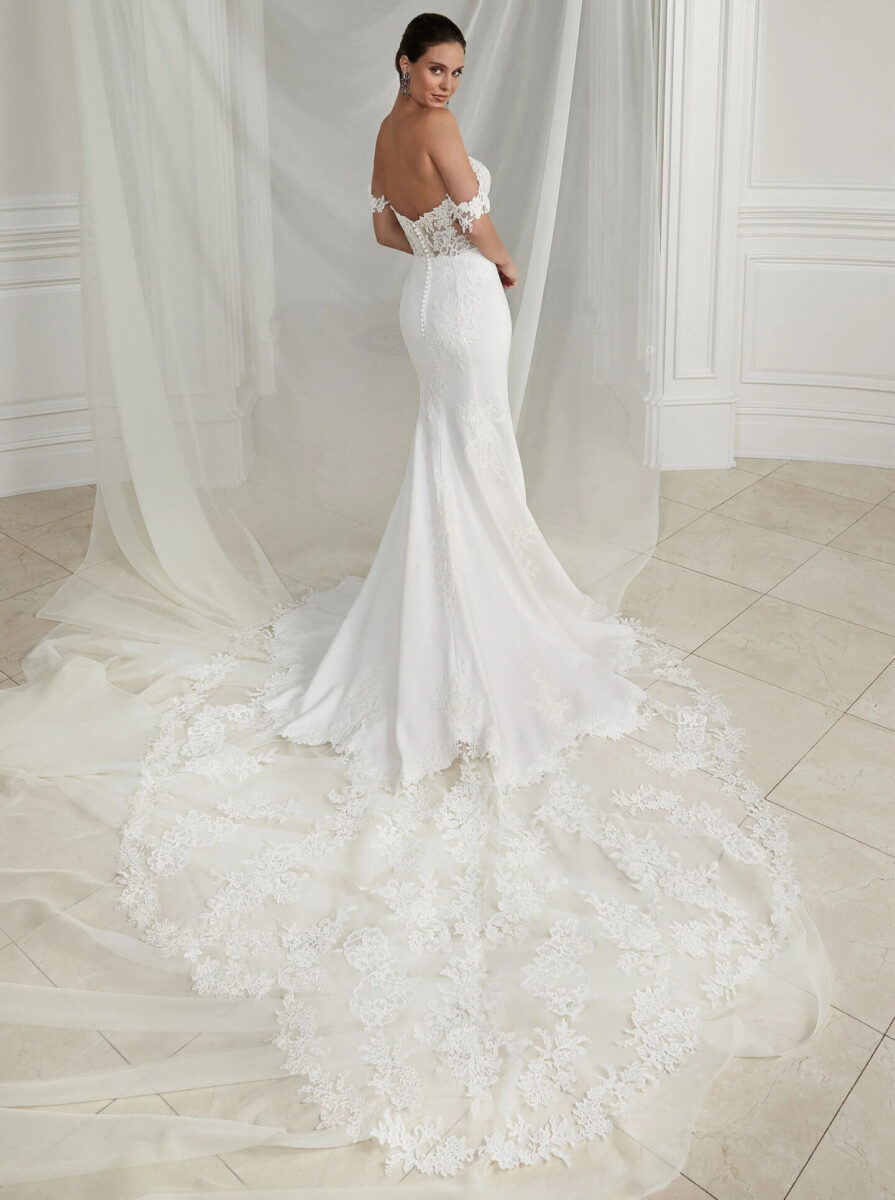 Elyana dos Justin alexander robe de mariée sirène dentelle bustier coeur manchette traîne magasin de robes de mariée nogent sur marne