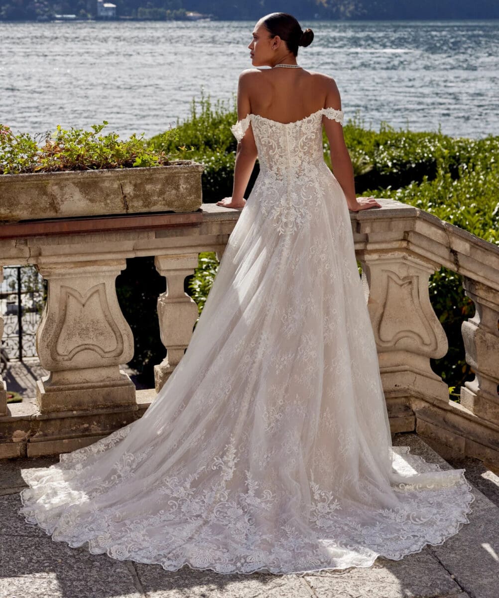 Katerina dos Justin alexander robe de mariée A-line trapèze bustier droit manchettes dentelle jupe dentelle traîne magasin de robes de mariée Nogent sur Marne