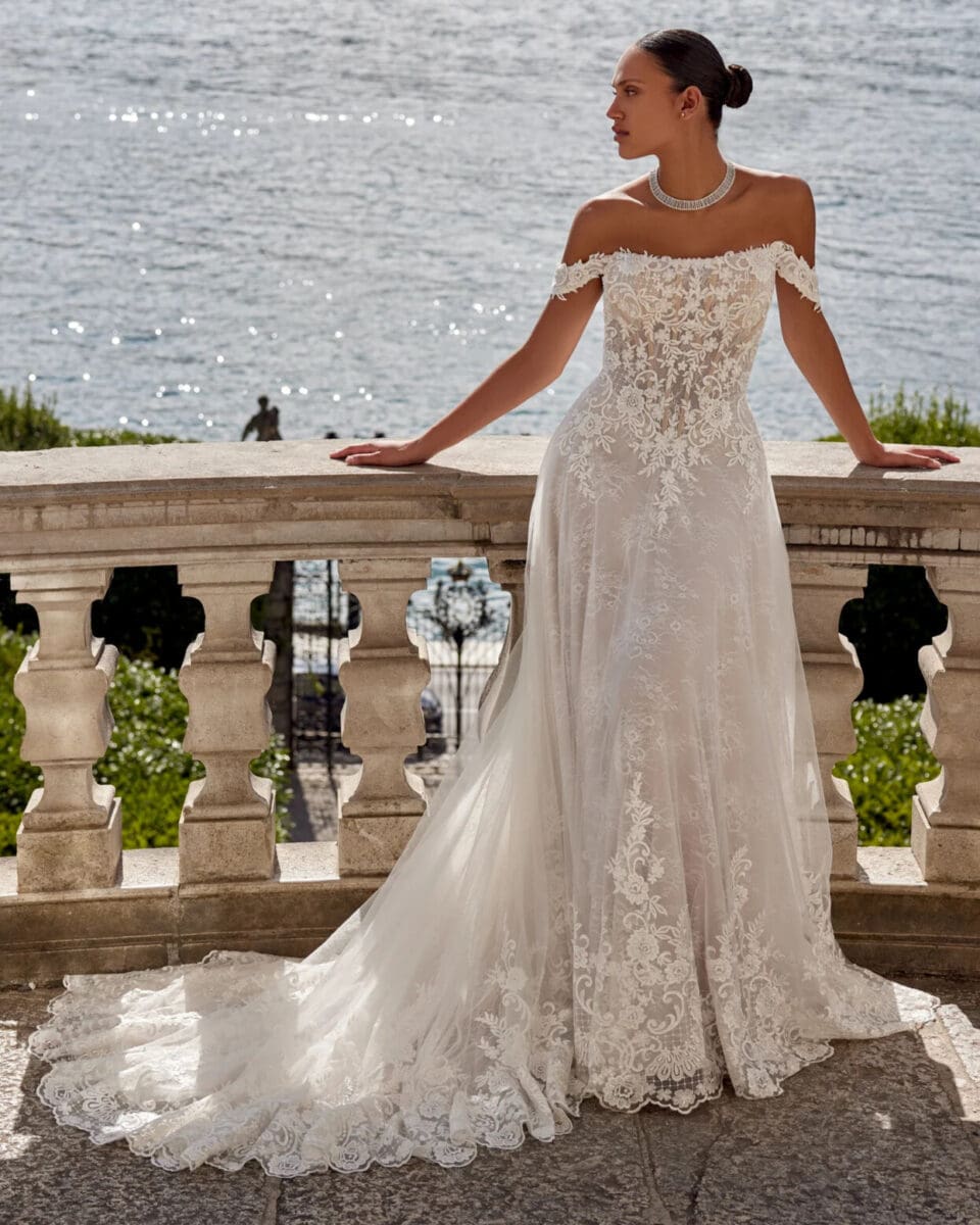 Katerina face Justin alexander robe de mariée A-line trapèze bustier droit manchettes dentelle jupe dentelle traîne magasin de robes de mariée Nogent sur Marne