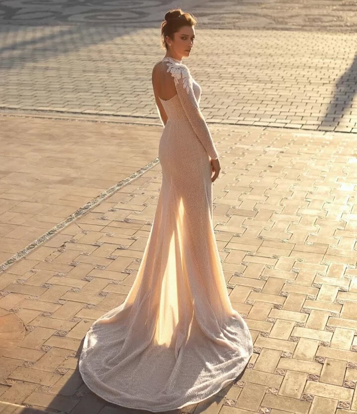 S10111 dos Selestia robe de mariée sirène perlé drapé bustier coeur manche longue asymétrique jupe drapée fendue traîne magasin de robes de mariée Annecy