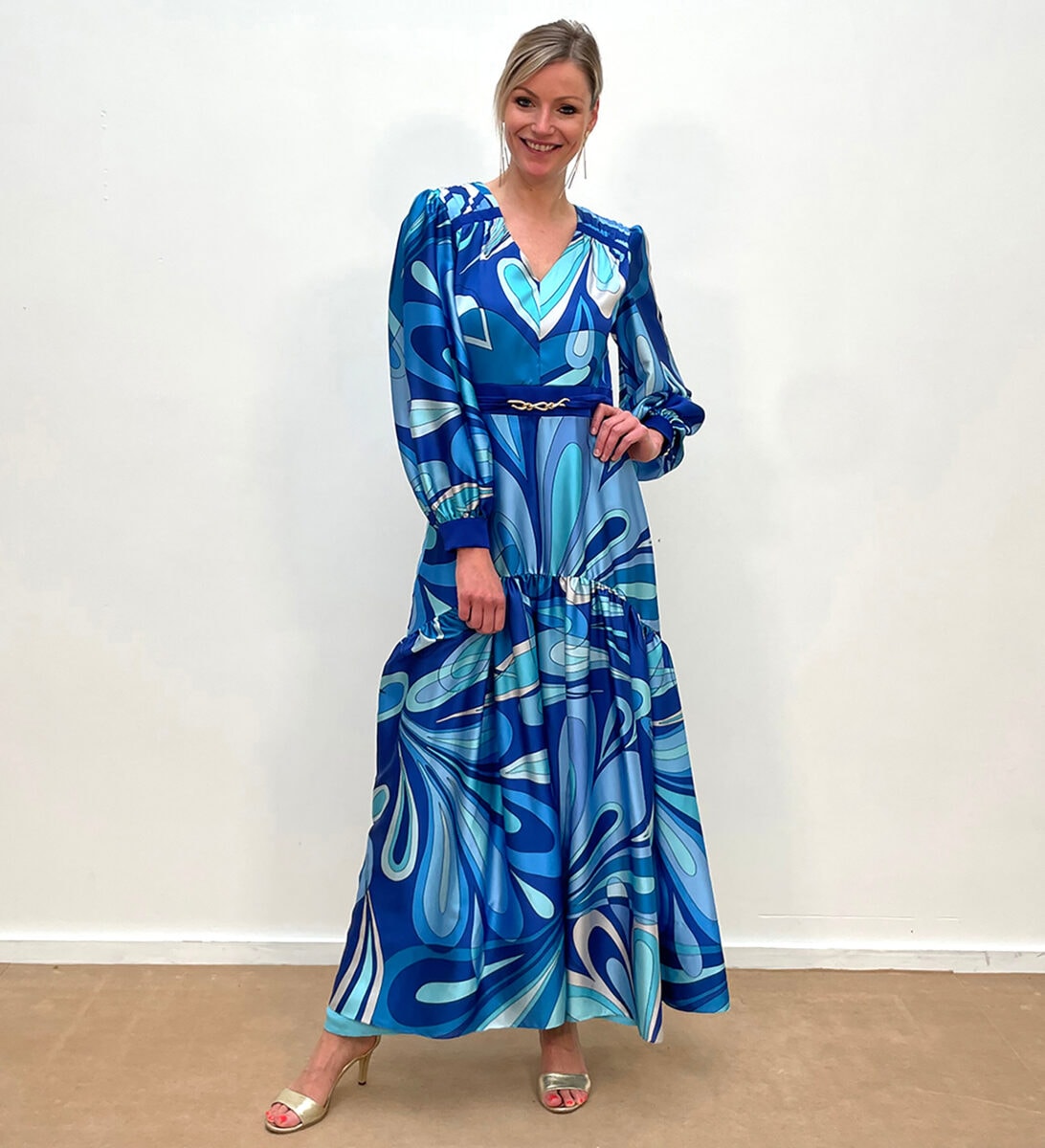 231-705-01 face Linéa Raffaelli robe de soirée décolleté V manches longues bouffantes jupe fluide évasée ceinture taille magasin de robe de soirée Paris