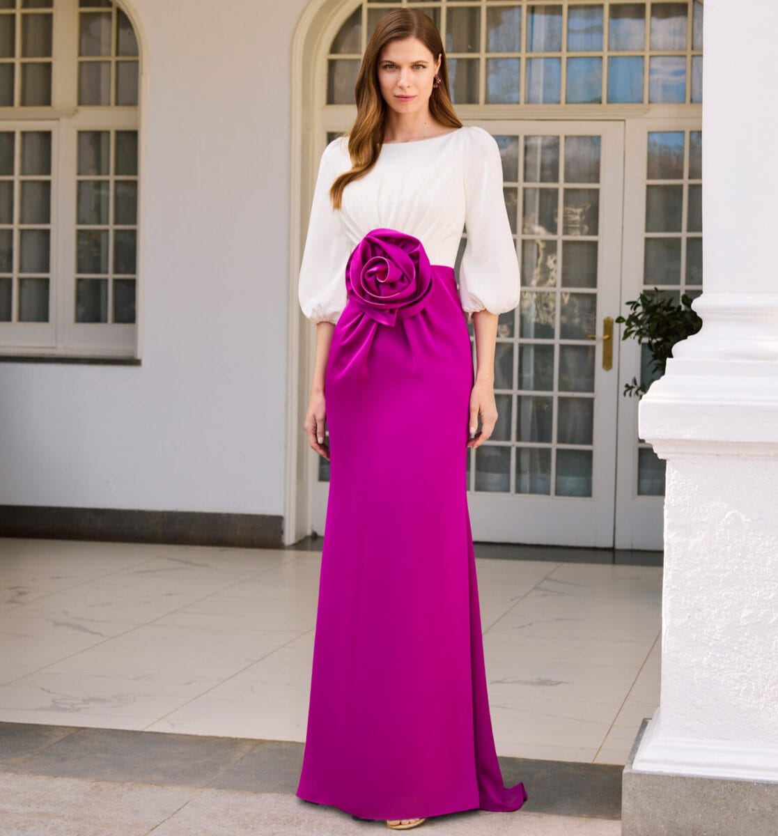 1G12 face Couture Club robe de soirée longue top bousant manches trois quart jupe droite fleur oversize robe maman des mariés magasin de robes de soirée Paris