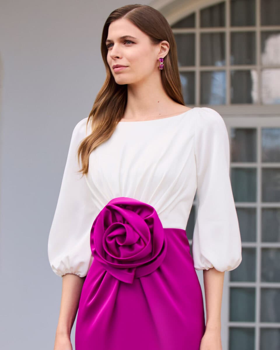 1G12 zoom Couture Club robe de soirée longue top bousant manches trois quart jupe droite fleur oversize robe maman des mariés magasin de robes de soirée Paris