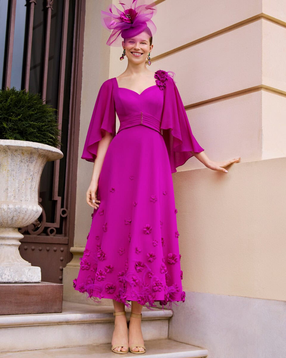 1GA4 face Couture Club robe de cocktail mi longue fluide mousseline décolleté V manches trois quarts trompette ceinture robe maman des mariés magasin de robes de soirée Paris