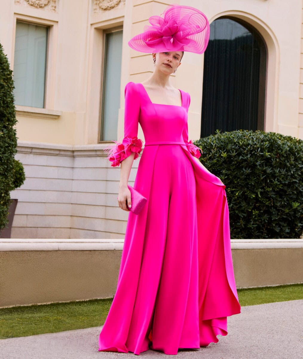 1GL5 face Couture Club ensemble pantalon sur traîne col carré manches trois quart ceinture fine pantalon large crêpe tenue mère des mariés magasin de robes de soirée Paris