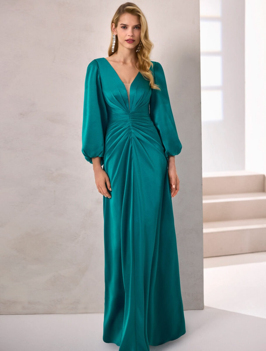 1JB2 face Marfil robe de soirée longue top décolleté V manches longues taille drapée robe maman des mariés magasin de robes de soirée Paris