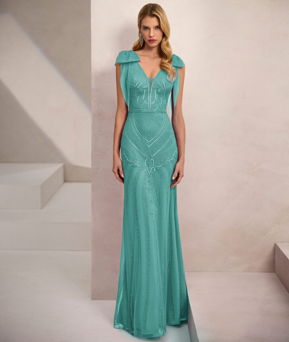 1JF6 face Marfil robe de soirée longue fourreau sirène ajustée top décolleté V bretelles noeud épaules oversize robe maman des mariés magasin de robes de soirée Paris