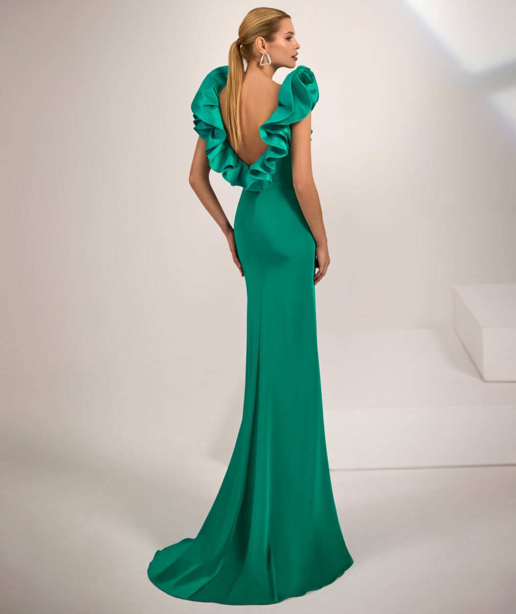 1JH7 dos Marfil robe de soirée longue fuselée ajustée crêpe manches volants oversize jupe fendue robe maman des marié magasin de robes de soirée Paris