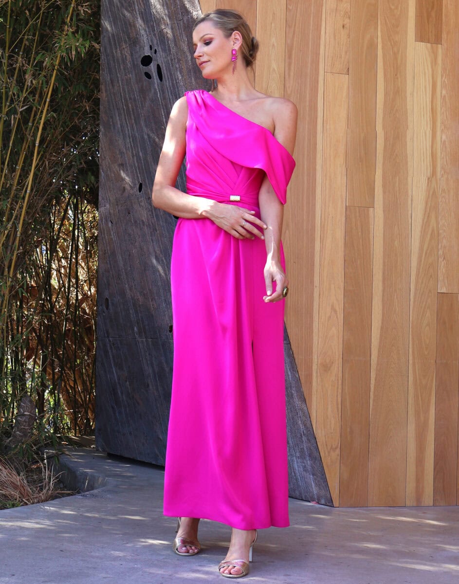 261-097-02 face Linéa Raffaelli robe de soirée longue fluide encolure asymétrique revers centure taille top plissée robe maman des mariés magasin de robes de soirée Paris