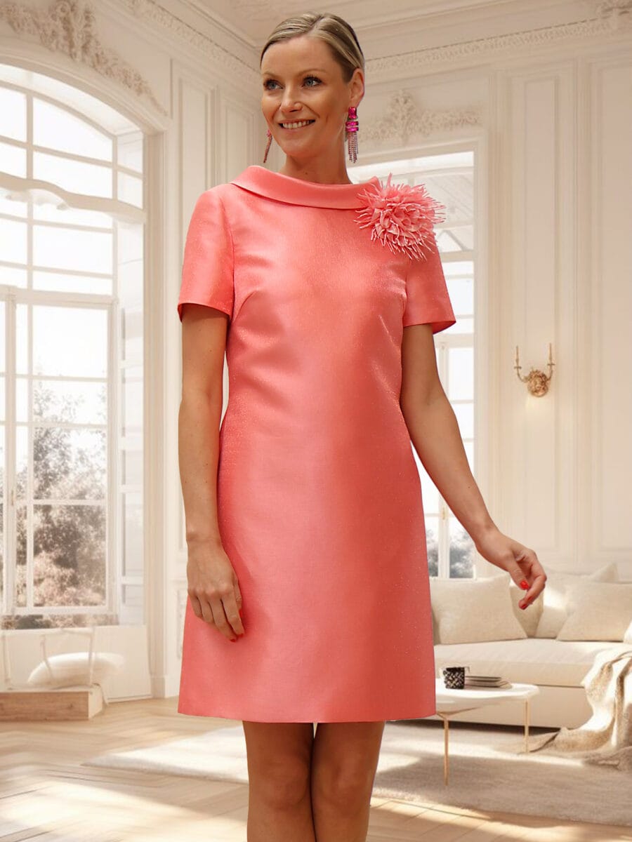 261-125-01 face Linéa Raffaelli robe de cocktail droite mikado satin col revers manches courtes robe maman des mariés magasin de robes de soirée Paris